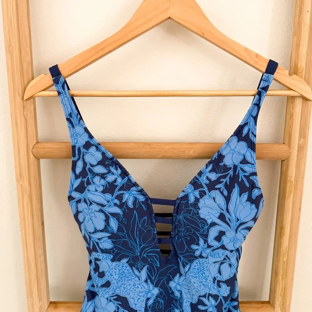 Lilly Pulitzer Jaspen One Piece Swimsuit Blue Floral Strappy Plunge Size 8